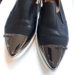Miu Miu Black Leather Metal Cap Toe Slip On